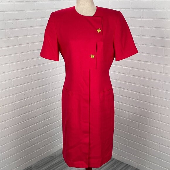 Kasper ASL Dress Women 8 Pink Woven Asymmetical Gold Button Classic 80s VTG‎ - Picture 1 of 12